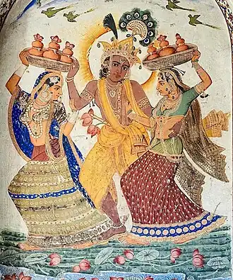 Une rare fresque de Krishna et des gopi dans le style de l'École du Pendjab (sikh). Peinture murale du XIXe&nbsp;siècle au cénotaphe (samadhi) de Sardar Bahadur Lal Singh, Amritsar.