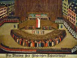 Cérémonie du Schwoertag avec un étendard aux couleurs de Strasbourg (vers 1785).