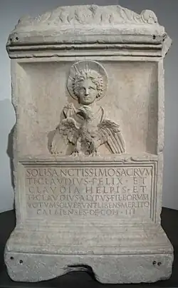 Autel au dieu de Palmyre, Malakbêl (Soleil), inscription votive. H. 3,50&nbsp;m. IIe&nbsp;siècle EC. Musées du Capitole