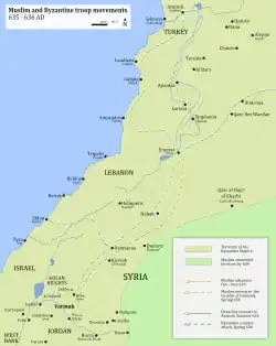 Carte des mouvements de troupes en Syrie et en Palestine en 635-636