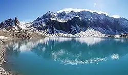 Lac turquoise avec montagnes en arrière-plan.