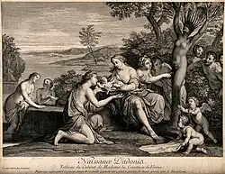 La Naissance d'Adonis, gravure de Louis Desplaces d'après Carlo Cignani.