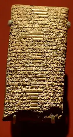 Photo d'une tablette d'argile rectangulaire recouverte de signes