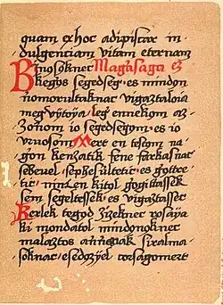 Page du Codex de Nádor utilisant le o barre souscrite.