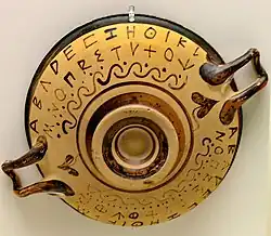 Un alphabet grec archaïque sur une coupe attique, musée national archéologique d'Athènes.