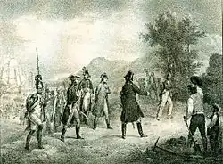 Lithographie au crayon représentant le débarquement de Napoléon Bonaparte à Fréjus.