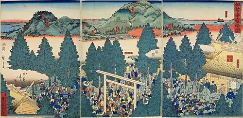 Pèlerinage au sanctuaire d'Ise, Ukiyo-e de Hiroshige de 1855.