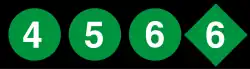 Logos (lettrage blanc sur fond vert) des lignes 4, 5 et 6 (fond en forme de disque et de la ligne 6-express (font en losange).
