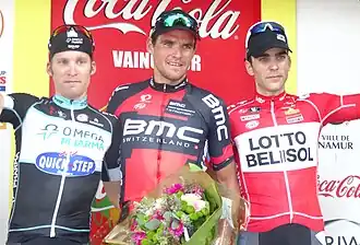 Podium de l'édition 2014 du Grand Prix de Wallonie : Jan Bakelants (3e), Greg Van Avermaet (1er) et Tony Gallopin (2e).