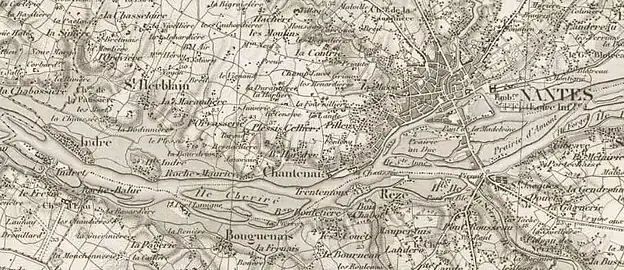 La Roche Ballue représenté sur un extrait de la carte Nantes et les Îles de la Loire (1850)