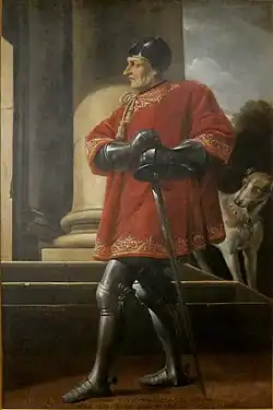 Portrait d'Olivier V de Clisson, debout de profil, tourné vers la gauche. Il porte une armure de plates et est recouvert d'une tunique rouge à liseré d'or. Sur son flanc gauche il porte à deux mains l'épée de connétable. À l'arrière plan, une colonne antique et un chien blanc à taches brunes qui observe Clisson.