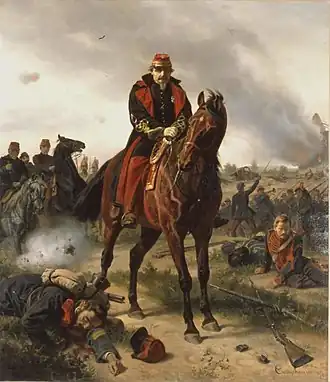 Peinture montrant l'empereur à cheval sur un champ de bataille où gisent des soldats morts.