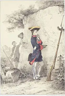 Un jeune adolescent, en uniforme du XVIIIeme siècle, coiffé d'un tricorne, vu de profil, en train de dessiner sur un mur