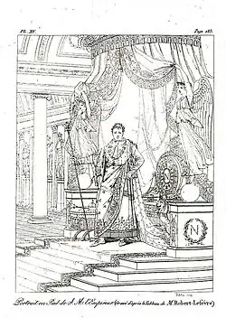 Portrait de Napoléon en costume du sacre, gravure au trait tirée du Pausanias français. d'après le tableau de Robert Lefèvre exposé au Salon de 1806 en même temps que celui d'Ingres.