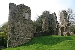 Photo de pans de murs épais en ruines entourés de pelouse.