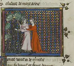 Illustration d'un manuscrit de L'Ovide moralisé, Narcisse et Écho, ca. 1325.