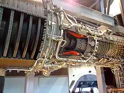 Détails des éléments en coupe : Compresseur à droite, chambre de combustion au centre, et turbine à gauche.