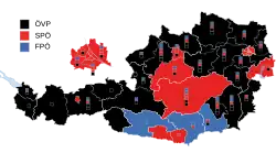 Parti arrivé en tête par circonscription régionale. Les carrés indiquent les sièges obtenus par parti (« Grundmandate »).