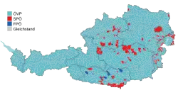 Parti arrivé en tête par communes (Gleichstand = égalité).