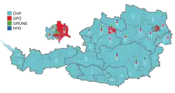 Parti arrivé en tête par circonscription régionale. Les carrés indiquent les sièges obtenus par parti (« Grundmandate »).