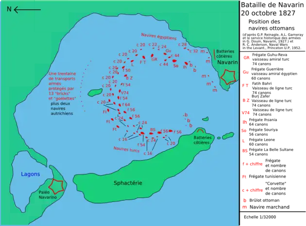 carte couleur : une baie fermée, des signes représentants des navires sont positionnés en fer à cheval