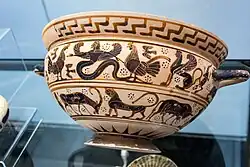 Kylix corinthien à figures noires représentant deux frises animales, Peintre de Tarente, 600-570 av. J.-C.