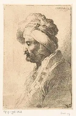 Homme portant un chapeau de fourrure regardant vers le bas, 1732, gravure, Amsterdam, Rijksmuseum.