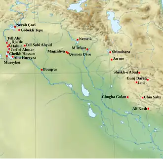 Carte de localisation des principaux sites du Néolithique acéramique de Mésopotamie et du Zagros occidental et central.