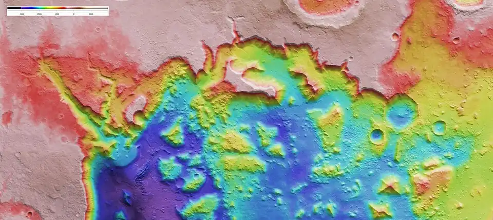 Delta fluvial imagé par HRSC de l'orbiteur Mars Express le 22 janvier 2008.