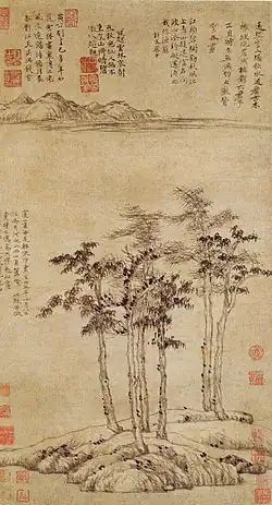 Six gentilshommes, Ni Zan, 1345, dynastie Yuan. Rouleau mural, encre sur papier, 61.9 x 33.3 cm