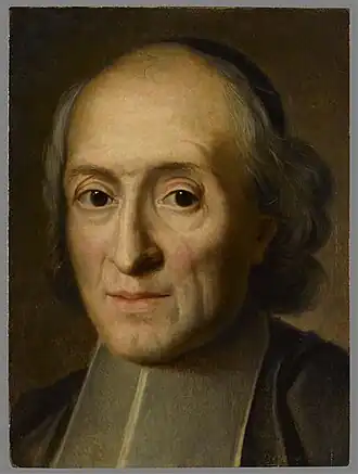 Peinture à l'huile d'un visage masculin, cheveux gris mi-longs, calotte noire, col d’ecclésiastique