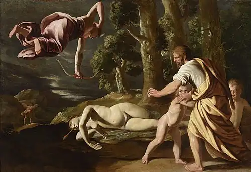 La Mort de Chioné par Nicolas Poussin (vers 1622), musée des beaux-arts de Lyon. Chioné est tuée par Diane et son arc.