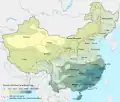 Carte des précipitations : la ligne Qinling-Huaihe correspond à 800&nbsp;mm de pluie annuels.