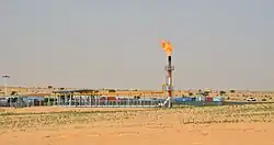 Une installation pétrolière au milieu d'un désert. Au centre, une torchère crachant du feu.