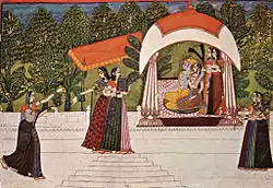 Krishna et Radha dans un pavillon, peint par Nihâl Chand, Kishangarh, v. 1750, 23 × 34 cm. Musée d'Allahabad