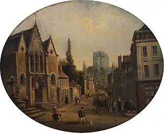 Église Notre-Dame, fontaine et rue Dorée, vers 1860.
