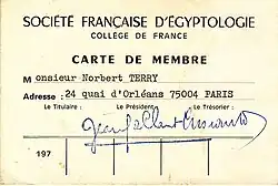 Carte de membre de la Société Française d'égyptologie