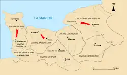 Carte des territoires des capitales de cités des peuples gaulois sous le Bas-Empire-romain. Les Unelles se situent au nord-ouest de la carte