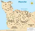 Carte montrant les dédicades paroissiales dédiées à Saint-Martin avec des ronds noirs dans les diocèses de Coutances et de Bayeux