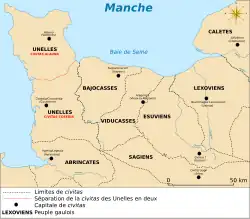 Carte des territoires des capitales de cités des peuples gaulois sous le Haut-Empire-romain. Les Unelles se situent au nord-ouest de la carte
