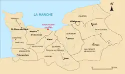 Carte de l'actuelle Normandie avec les territoires des cités et Saint-Aubin-sur-Mer