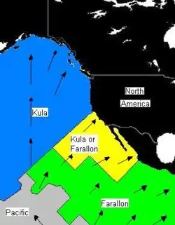 Carte de la situation tectonique il y a environ 70 millions d'années avec la plaque de Kula au nord-ouest, la plaque Farallon au sud-est et la plaque pacifique au sud.