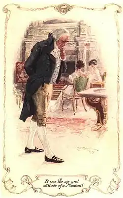 Illustration. Un homme d'aspect peu commode fait les cents pas