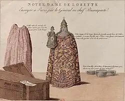Statue de la Madone de Lorette avec saintes reliques telle que dessinée en 1797 pendant les spoliations napoléoniennes. Le dessin relativement peu réaliste ne laisse pas penser qu’il puisse s’agir d’une statue du Trecento ou du Quattrocento.