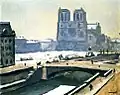 Peinture montrant de façon simplifiée un fleuve avec quais, pont, petits personnages et large parvis devant une cathédrale