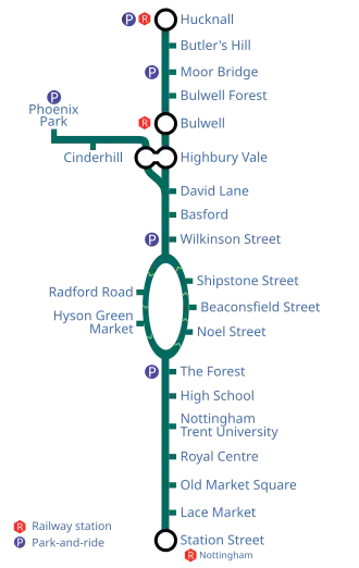 A map of the Nottingham tramway.