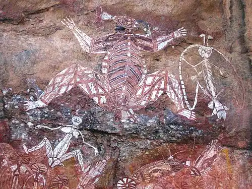 Art pariétal :Anbangbang Rock Shelter, Parc national de Kakadu, Australie. Repeint en 1962-1964.