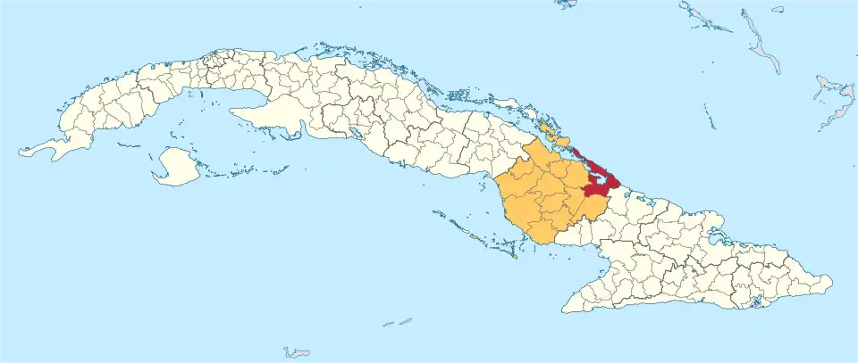 Municipalité de Nuevitas dans la province de Las Tunas (la municipalité inclut seulement cayo Sabinal&nbsp;(en) et cayo Guajaba&nbsp;(en), les deux plus à l'est en rouge)