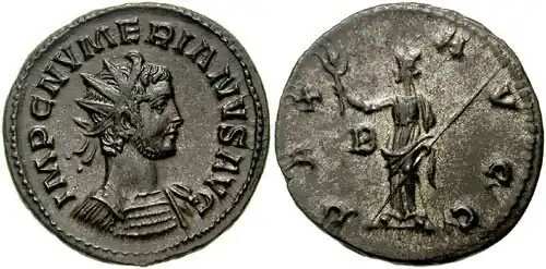 pièce argentée, femme debout tenant une lance et un rameau