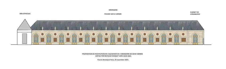 Proposition de restitution de l'élévation côté parterre de l'Orangerie de Saint-Mandé de Nicolas Fouquet, 1661.